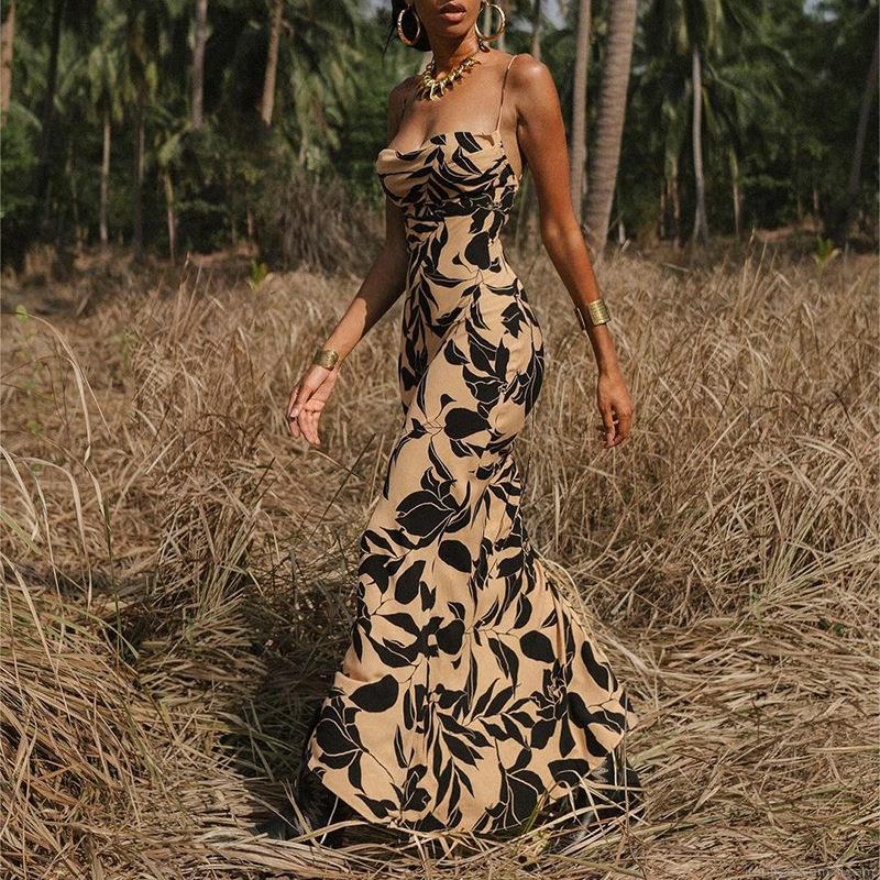 Sexy Backless Cowl Neck Cami Maxi Dress for Women Tropical Leaf Print Slim Fit Polyester Spandex Summer Vacation Beach Party Long Dress