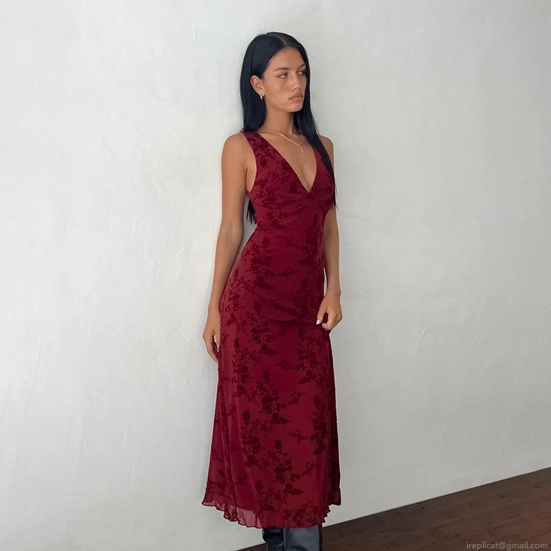 Women's Sexy Floral Print V-Neck Sleeveless Maxi Dress Slim Fit High Waist Polyester Spandex Summer Beach Vacation Party Long Bodycon Dresses