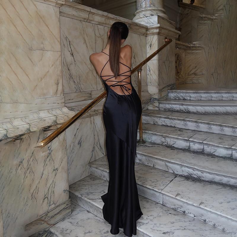 Women Sexy Backless Lace-up Maxi Dress Satin Spaghetti Strap Ruched Bodycon Evening Party Long Dress Elegant Clubwear Vestidos Solid Color Polyester Spandex Dress