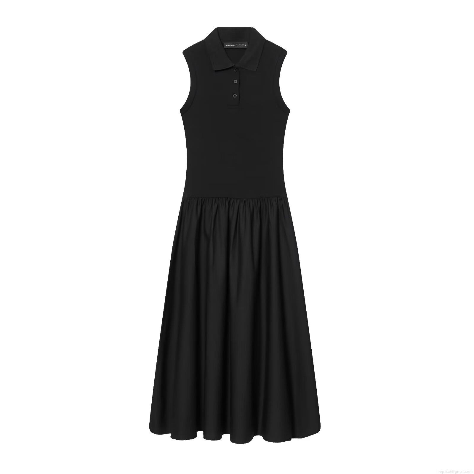 Women's Sleeveless Polo Neck Knit Patchwork A-Line Maxi Dress Elegant High Waist Button Down Front Solid Color Polyester Blend Long Dress For Summer Casual Party Streetwear