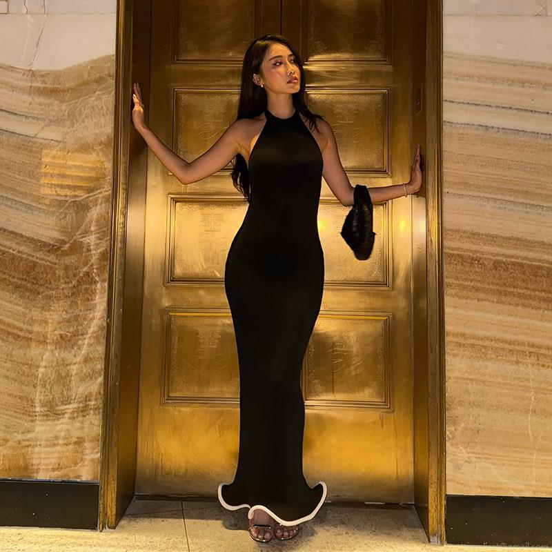 Sexy Halter Backless Slim Fit Maxi Dress For Women Elegant Contrast Scalloped Hem Sleeveless Knit Bodycon Party Evening Wedding Guest Dress