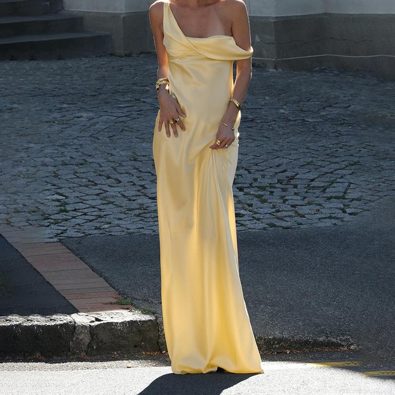 Women's Sexy Satin Maxi Dress Asymmetric One Shoulder Cowl Neck Sleeveless Bodycon Long Dress Solid Color Elegant Summer Party Vacation Evening Gown