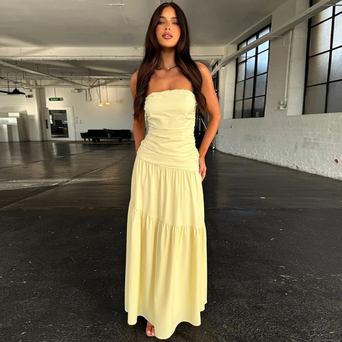 Women's Sexy Bandeau Maxi Dress Ruched Waist Tiered Cake Skirt Backless Sleeveless Polyester Spandex Solid Color Long Dress for Party Vacation Hot Girl Style