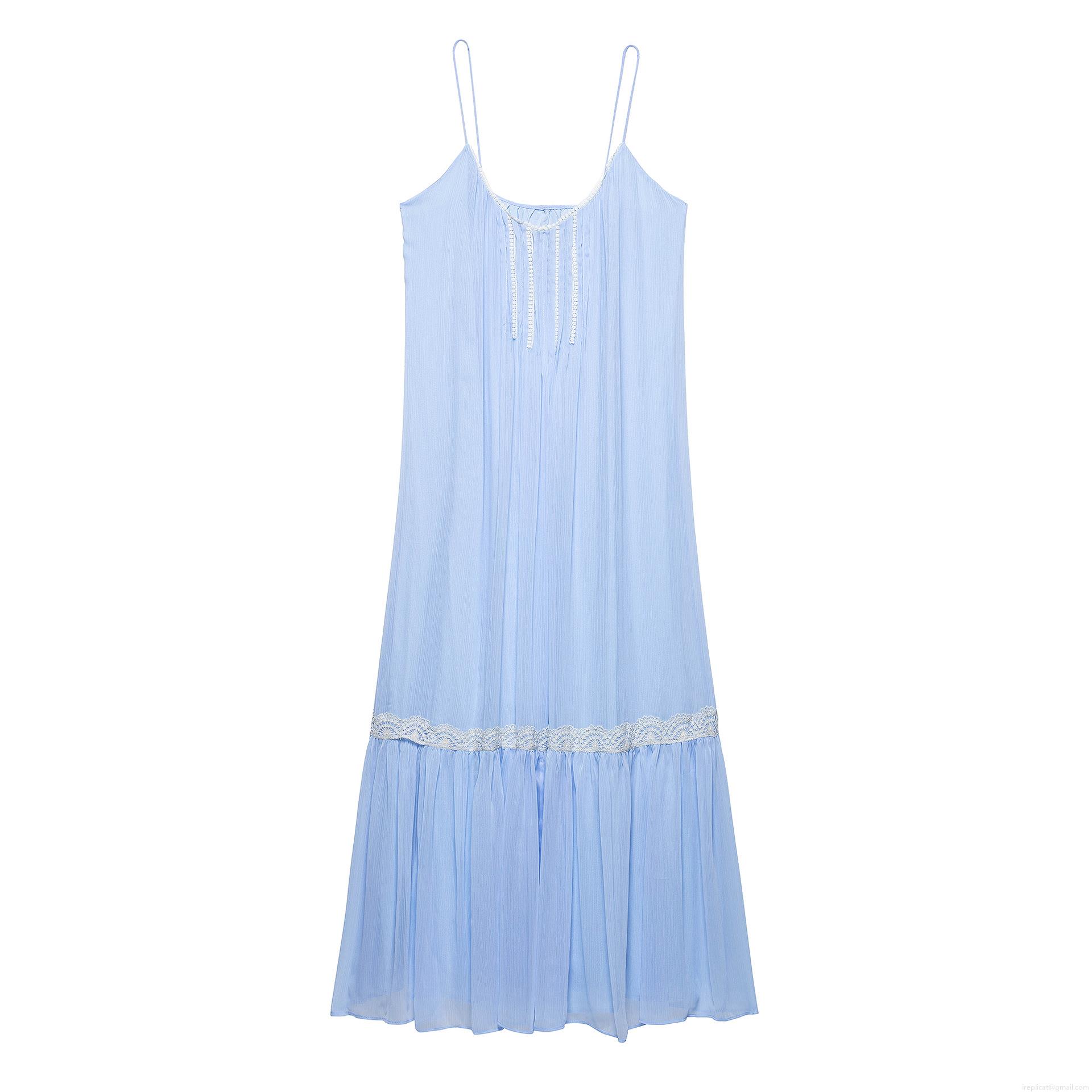 Women's Elegant Light Blue Cami Maxi Dress With White Lace Trim V-Neck Pleated Backless Summer Vacation Polyester Long Dress