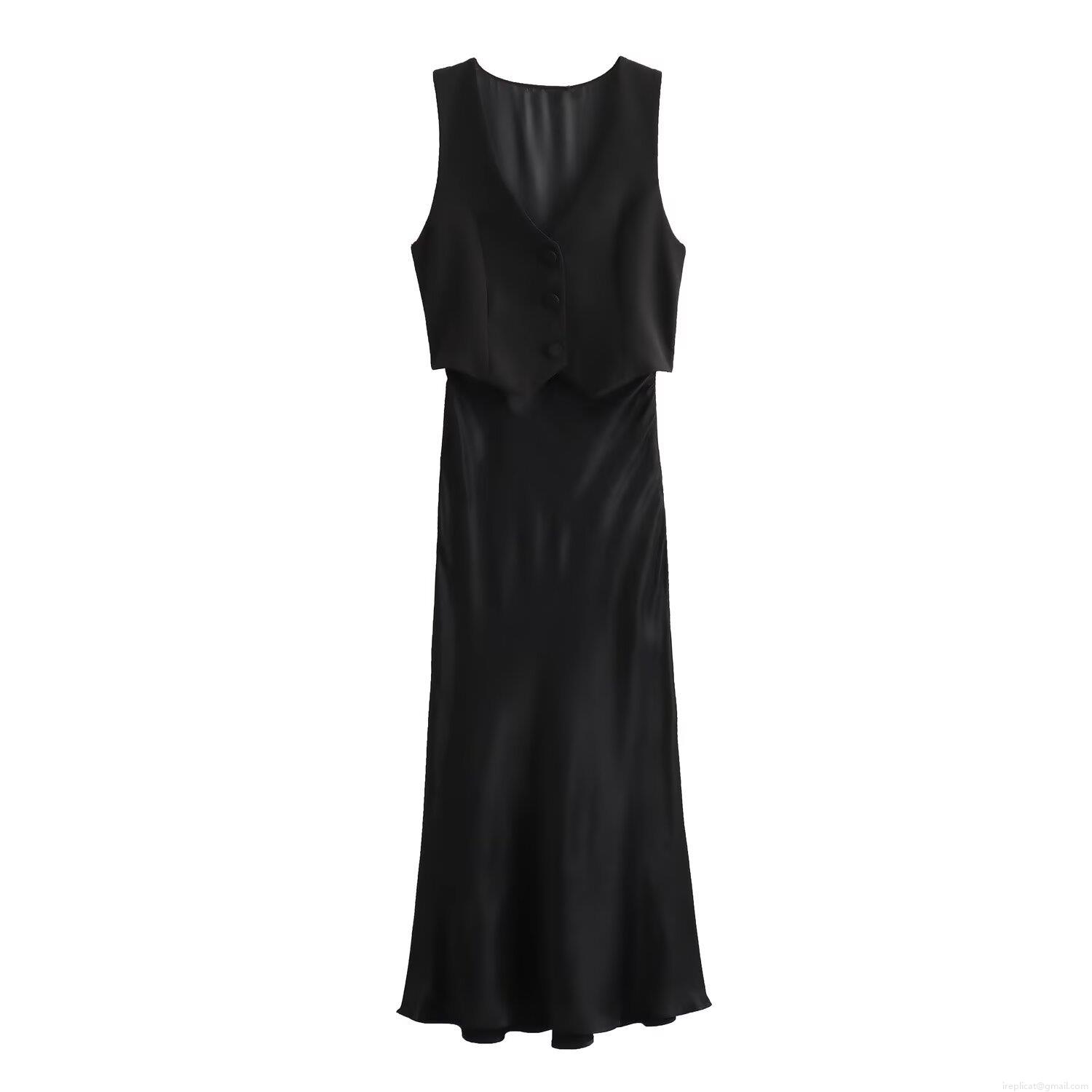 Women's Elegant Satin Patchwork Vest Maxi Dress V-Neck Sleeveless Fake Two-Piece Long Dress For Party Evening Socialite Style Black