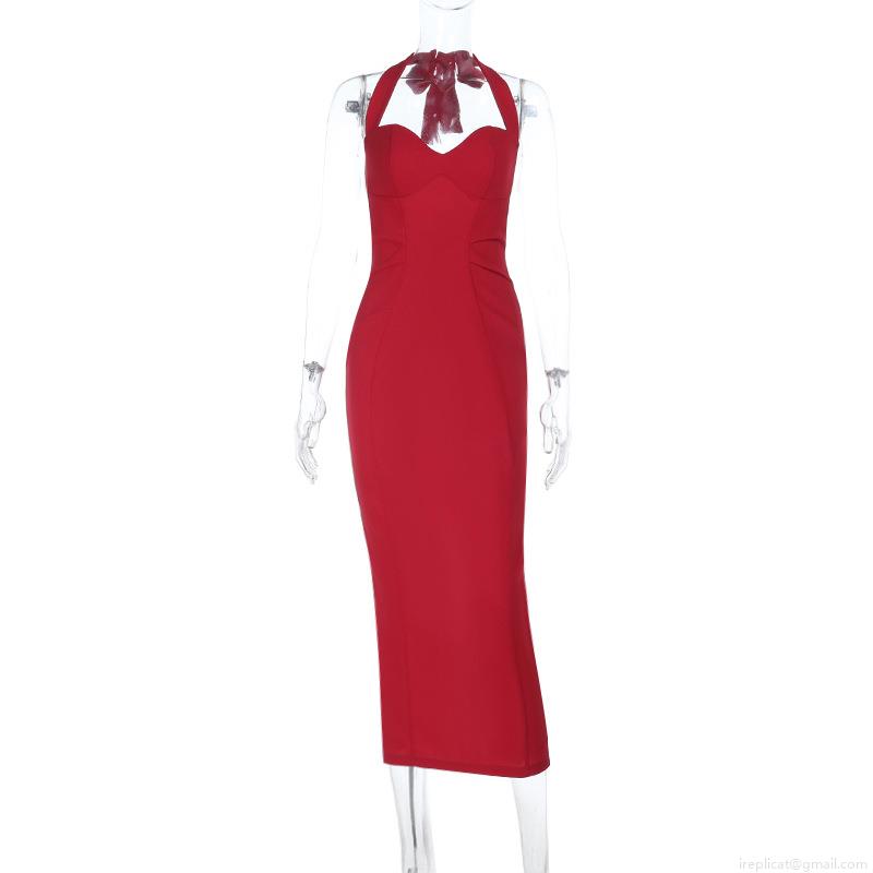 Women Sexy Deep V-Neck Halter Maxi Dress High Waist Backless Bodycon Party Dress Polyester Spandex Solid Color Split Hem Evening Gown For Summer Clubwear