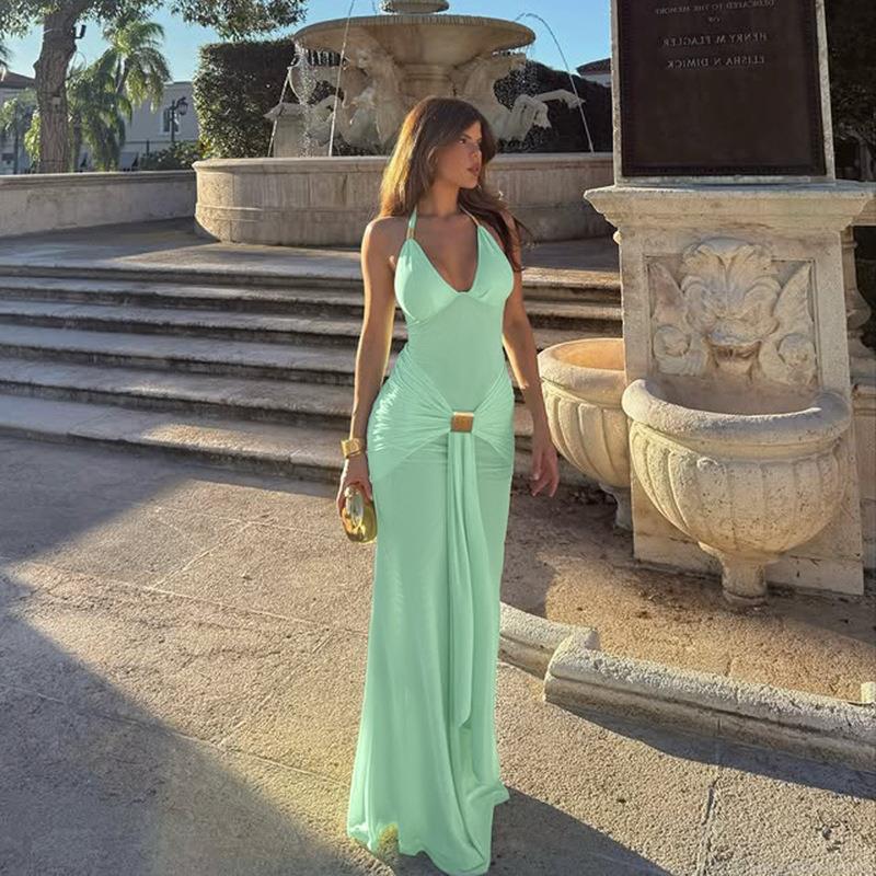 Women's Sexy Backless Halter Maxi Dress Elegant Deep V Neck Ruched Bodycon Long Evening Gown With Gold Buckle For Party Wedding Vacation Clubwear