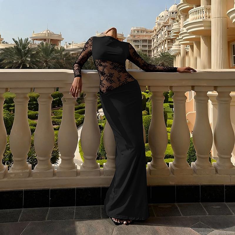 Women Sexy Polyester Lace Patchwork Maxi Dress Long Sleeve Hollow Out Bodycon Floor Length Dress For Evening Party Wedding Elegant Slim Fit Gown