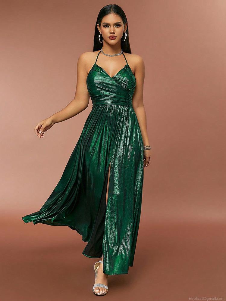 Women's Sexy Halter Neck Maxi Dress Metallic Ruched Backless High Split Evening Party Gown Sleeveless Polyester Spandex Long Dress for Clubwear Prom Wedding Guest Night Out