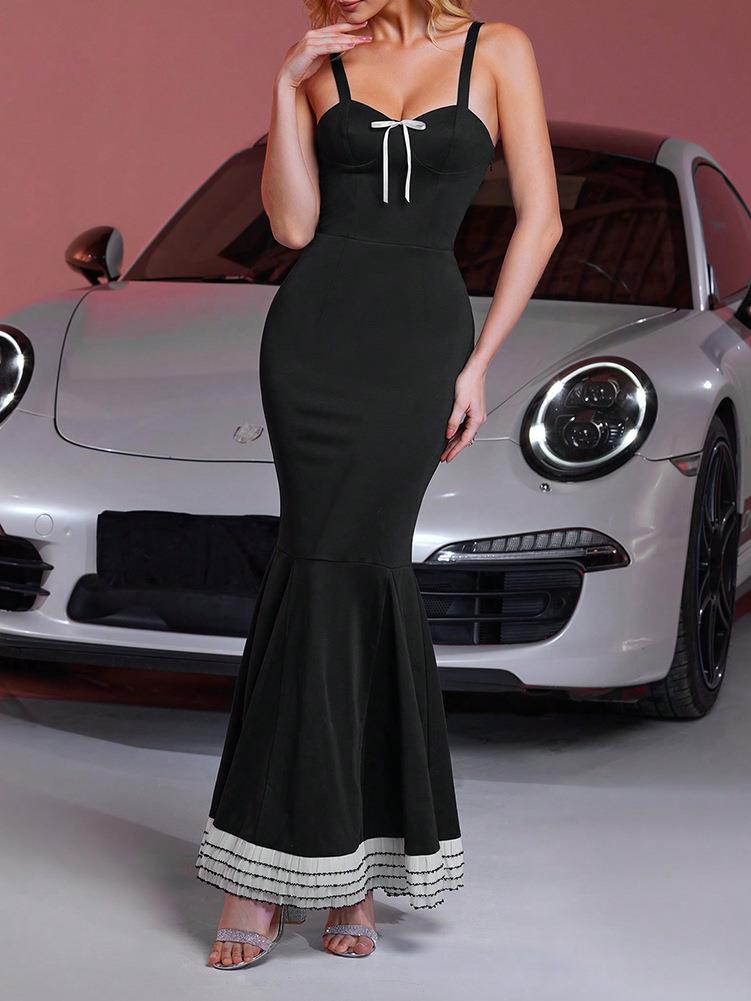 Women's Sexy Black Mermaid Maxi Dress With White Bow Knot Strapless Sleeveless Fishtail Evening Party Gown For Women Slim Fit Polyester Spandex Cocktail Dress