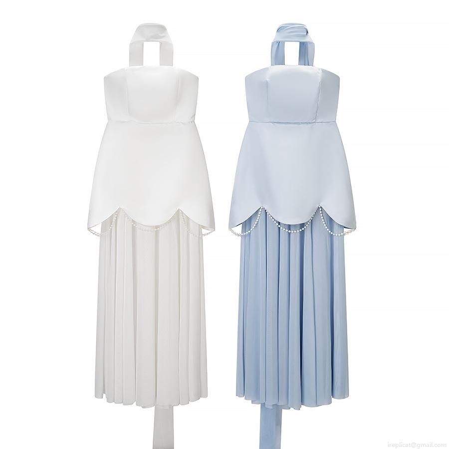 Elegant Women Halter Tube Top Maxi Dress Pearl Chain Detail Satin Mesh Splicing Pleated Skirt For Wedding Party Evening Socialite Gown
