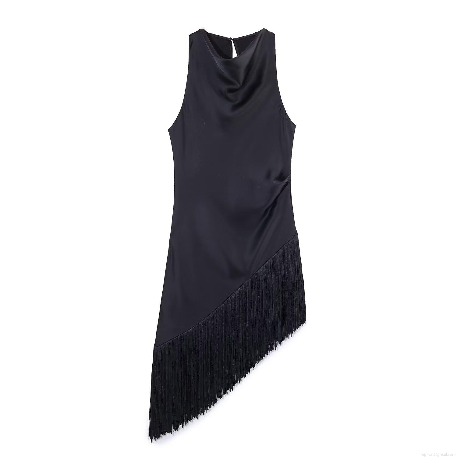 Sexy Halter Neck Satin Tassel Maxi Dress Off-Shoulder Fringe Bodycon Evening Gown For Women Party Wedding Elegant Sleeveless Solid Black Irregular Hem Dress