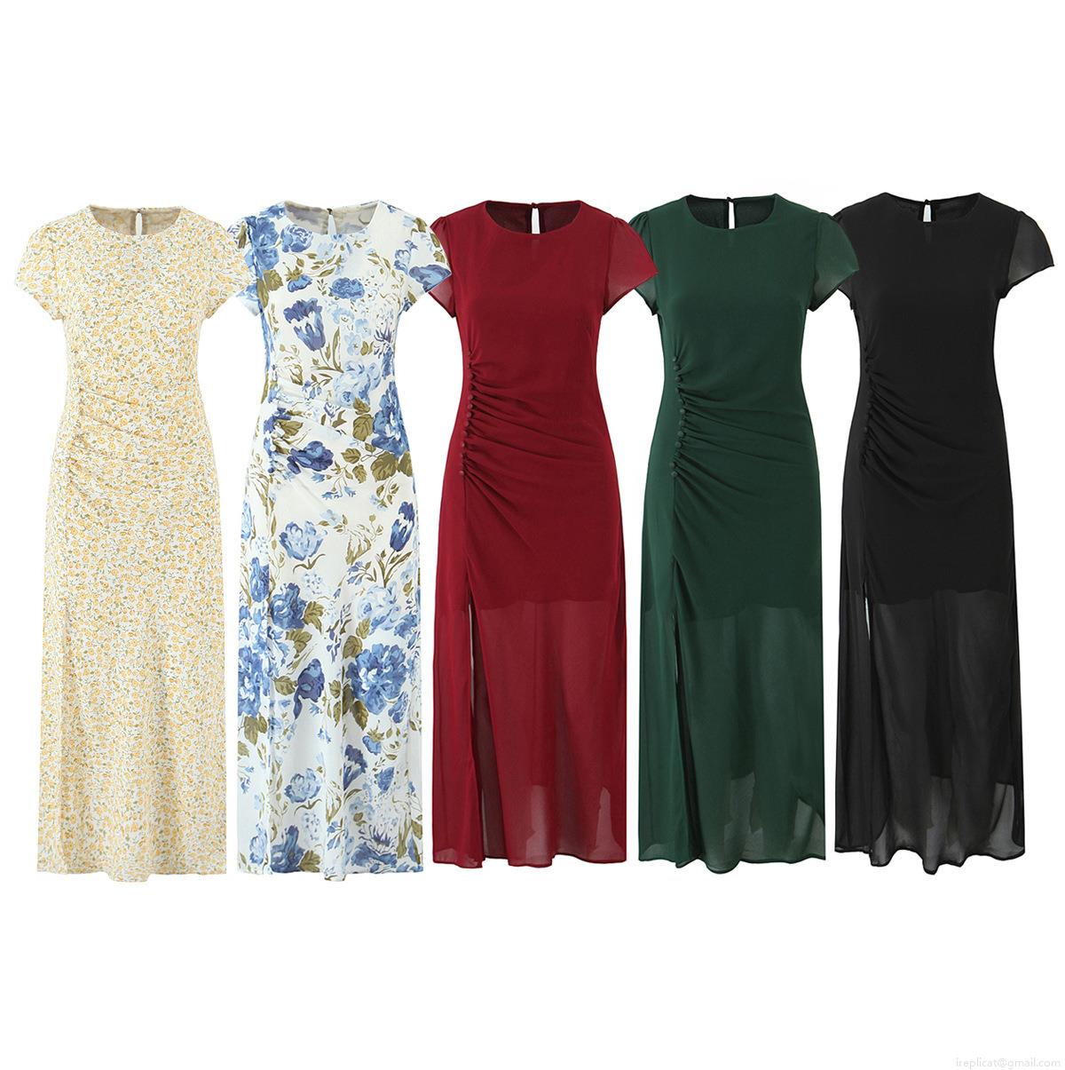 Women's Sexy Bodycon Maxi Dress Polyester Chiffon Round Neck Fly Sleeve Side Slit Pleated Button Decoration Elegant Long Dresses for Party Evening Clubwear Summer Fashion
