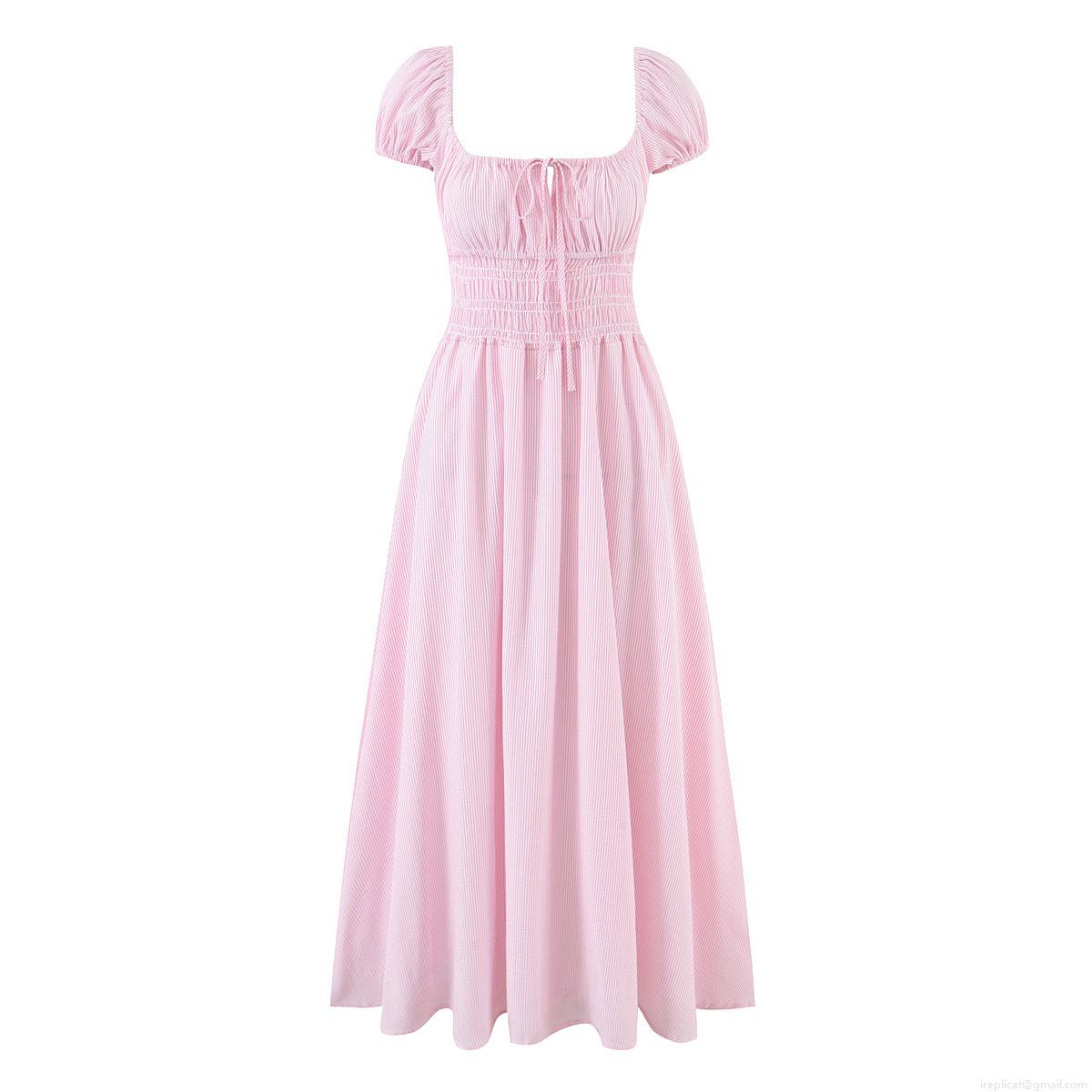 Women's Vintage Pastoral Style Striped Maxi Dress Cotton Blend Square Neck Puff Sleeve Smocked Waist A-Line Swing Dress For Summer Vacation