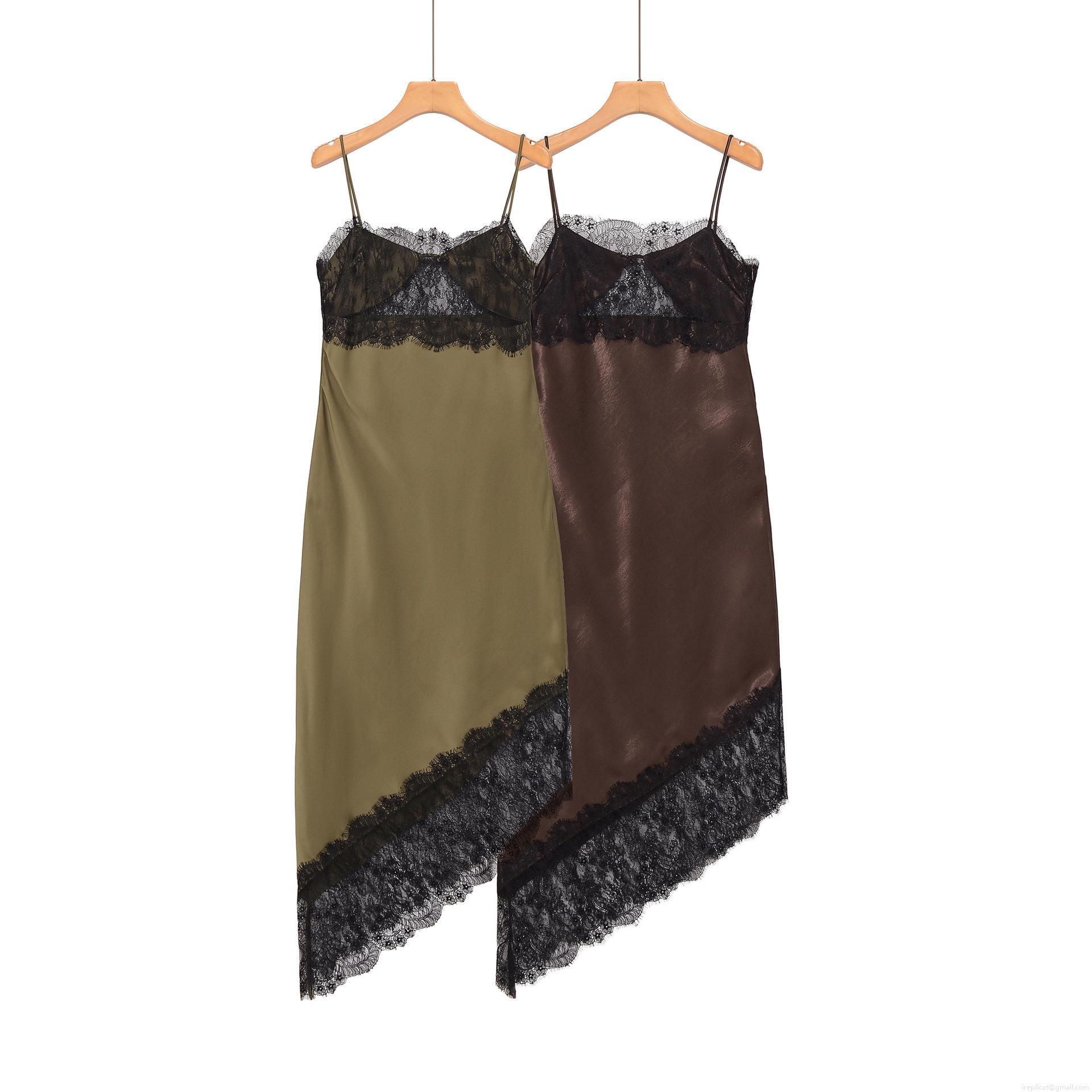 Women's Satin Lace Trim Cami Dress Sexy Asymmetric Hem Slip Dress for Party Dating Sleeveless V-Neck Silky Strappy Maxi Gown Dress