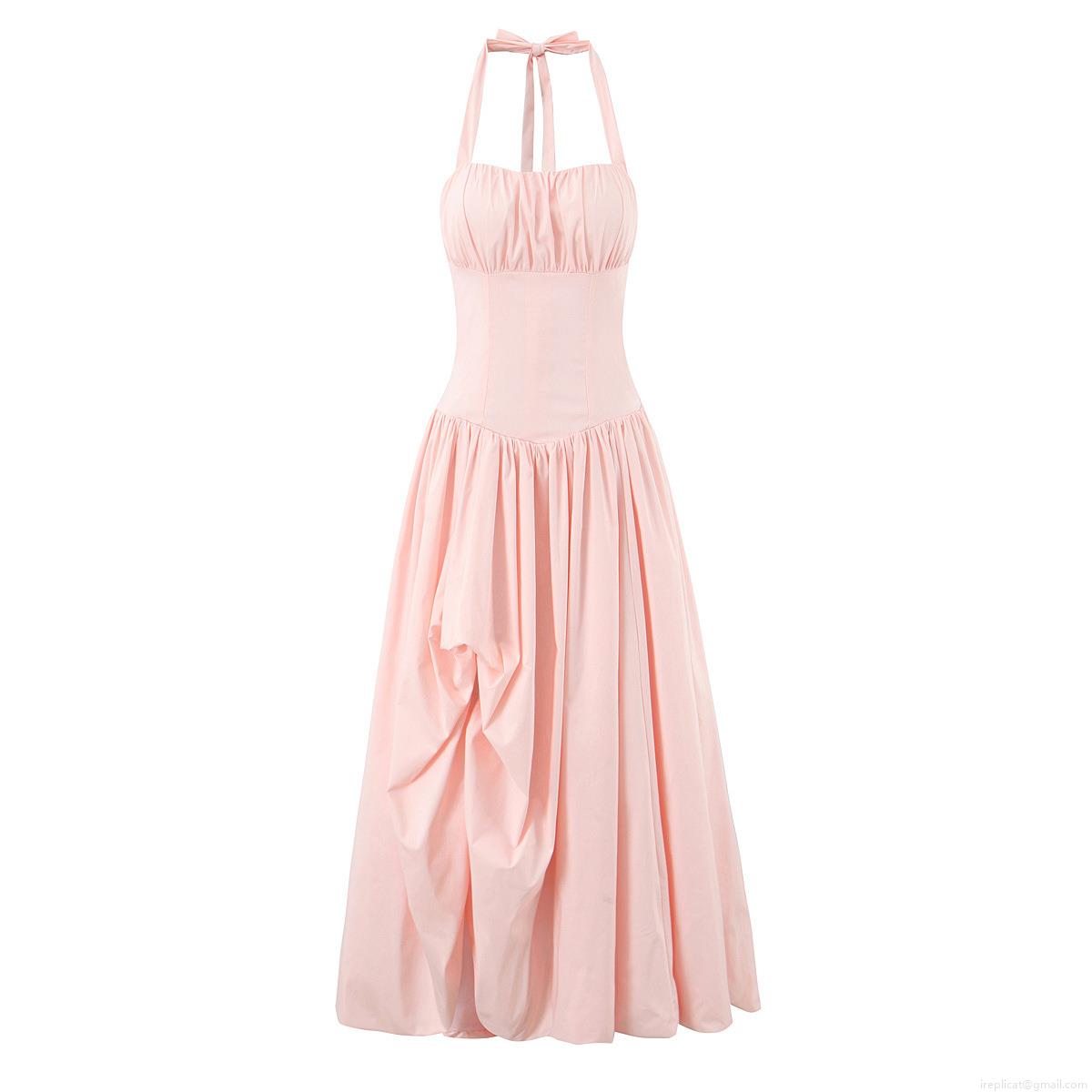 Women's Sexy Halter Neck Backless Maxi Dress Lace Up Corset High Waist Pleated A-Line Long Dress Polyester Cotton Blend For Vacation Party Beach Retro Elegant
