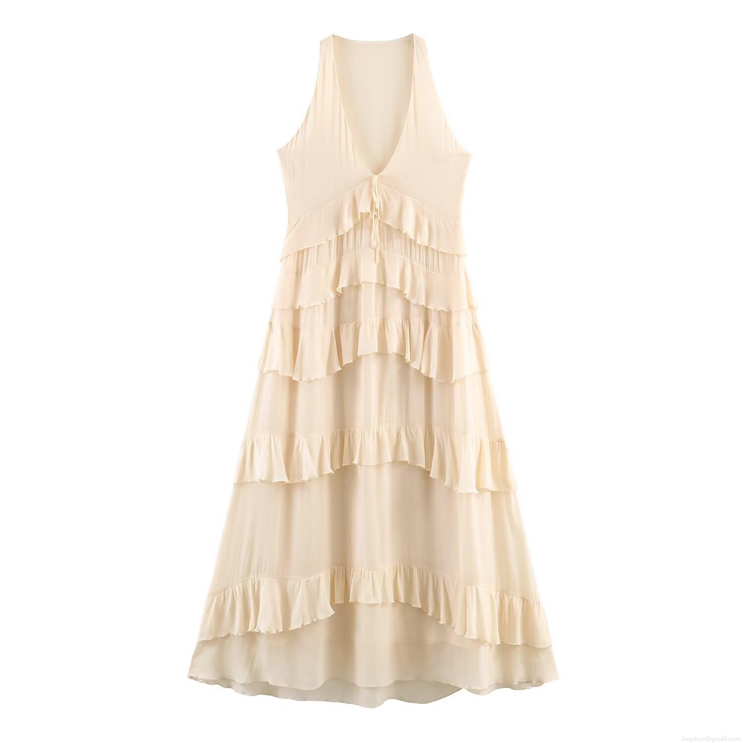 Women Sexy V Neck Sleeveless Maxi Dress Tiered Ruffle Chiffon Boho Beach Sundress High Waist Flowy Cake Skirt Summer Vacation Party Clubwear Long Dress