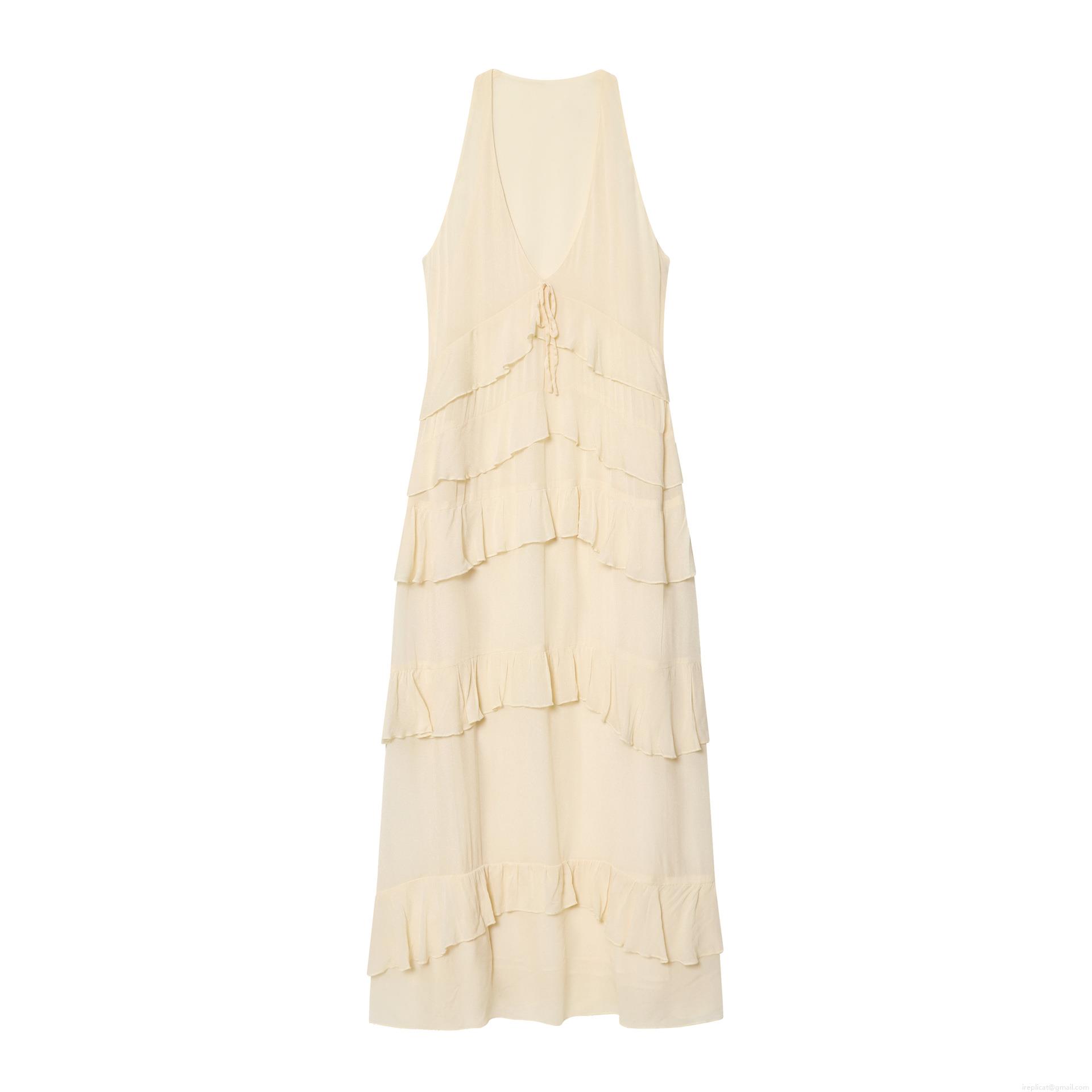 Women's Elegant Deep V Neck Sleeveless Maxi Dress Tiered Layered Ruffle Polyester Pearl Chiffon Long Dress For Wedding Party Summer Vacation