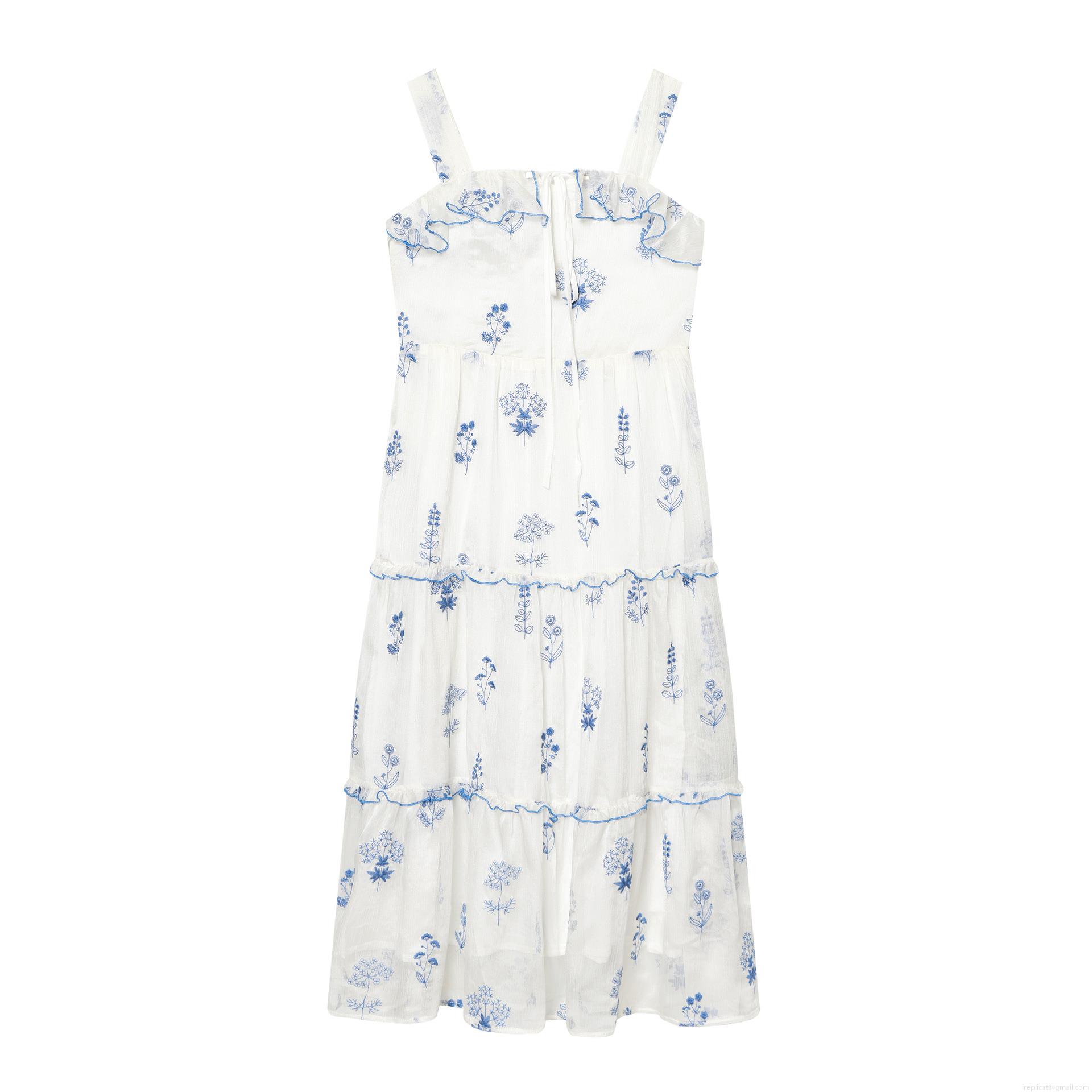 Embroidered Floral Tiered Maxi Dress 100% Polyester Ruffle Trim Off-Shoulder Sleeveless Camisole Long Dress For Women Summer Vacation Pastoral Style