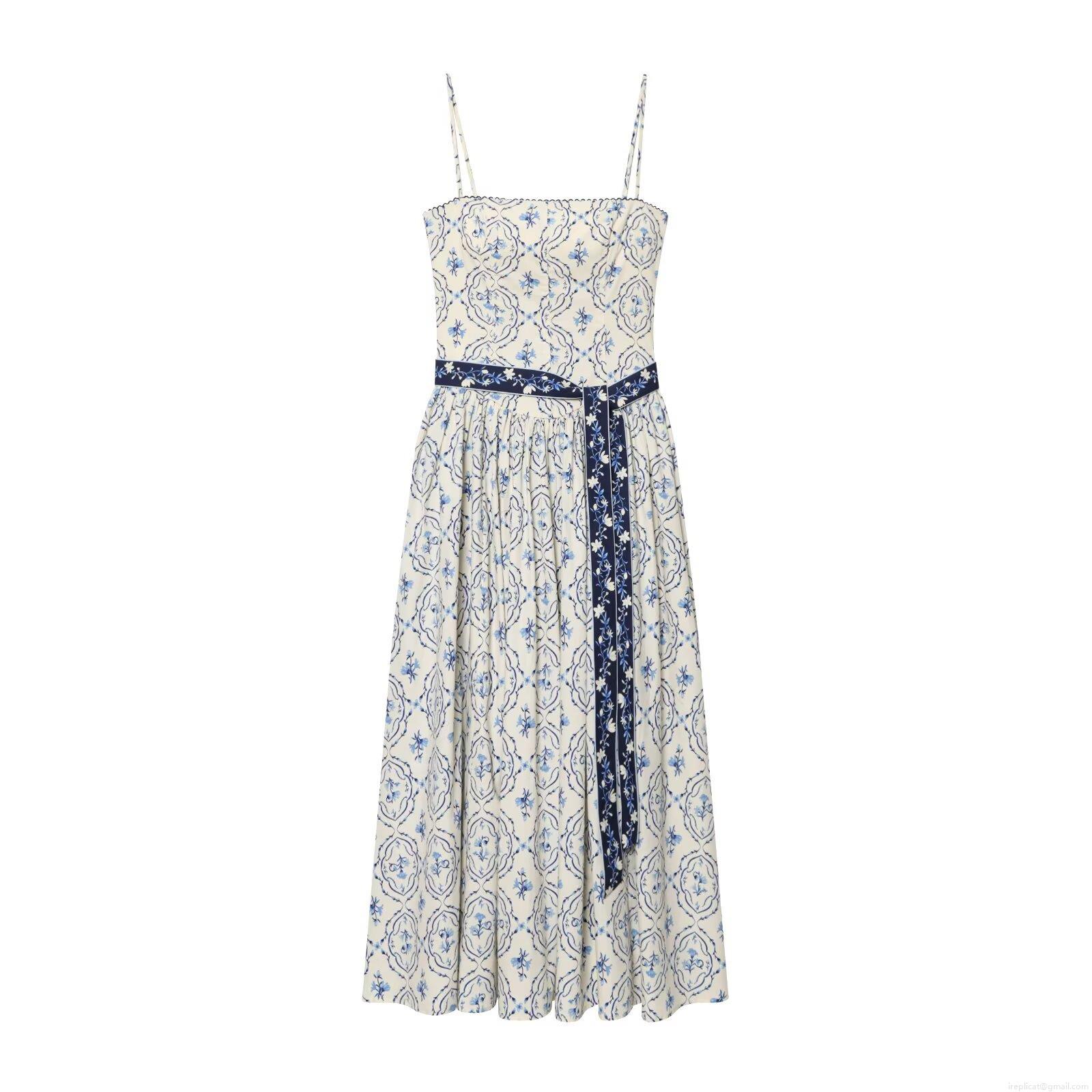Women French Pastoral Floral Print Cami Maxi Dress With Belt Square Neck Smocking Sleeveless Retro Long Summer Sun Dress For Vacation Party
