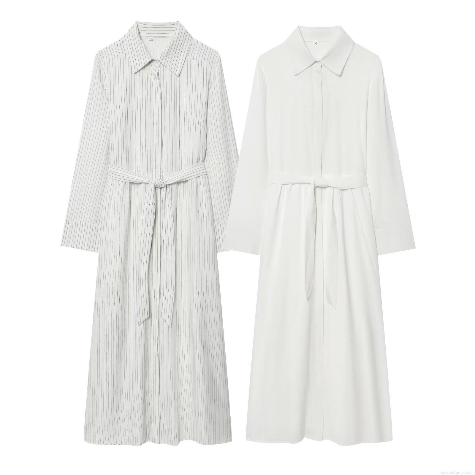 Women's Elegant Long Sleeve Maxi Shirt Dress with Waist Belt Button Down Solid White and Vertical Striped Pattern Casual Office Work Dresses