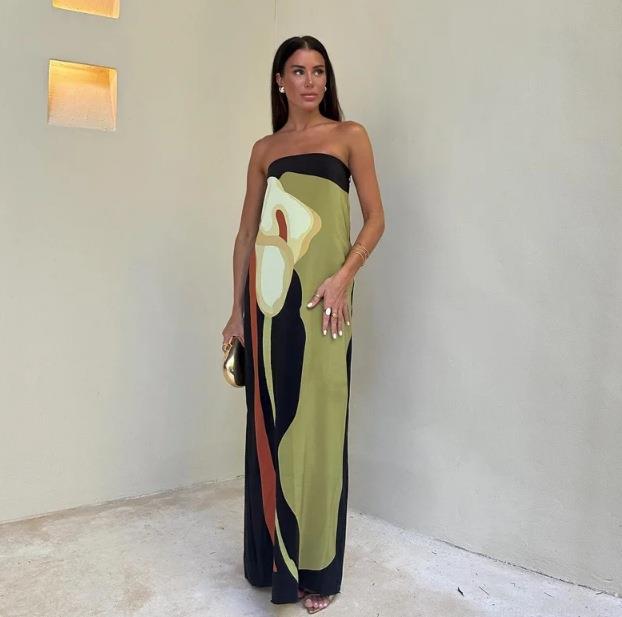 Women Sexy Strapless Tube Top Maxi Dress Abstract Floral Print Bodycon Long Dress For Vacation Party Casual Wear