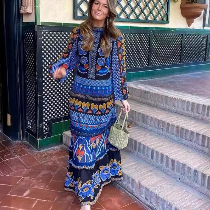 Women's Bohemian Floral Print Maxi Dress 100% Polyester Stand Collar Long Lantern Sleeve Backless Tiered Long Vacation Beach Ethnic Style Dress