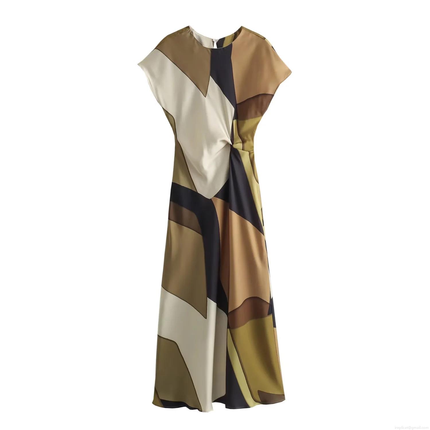 Women Elegant Satin Print Maxi Dress Short Sleeve Round Neck Waist Knot A-Line Evening Party Dresses Bohemian Geometric Floral Long Dress