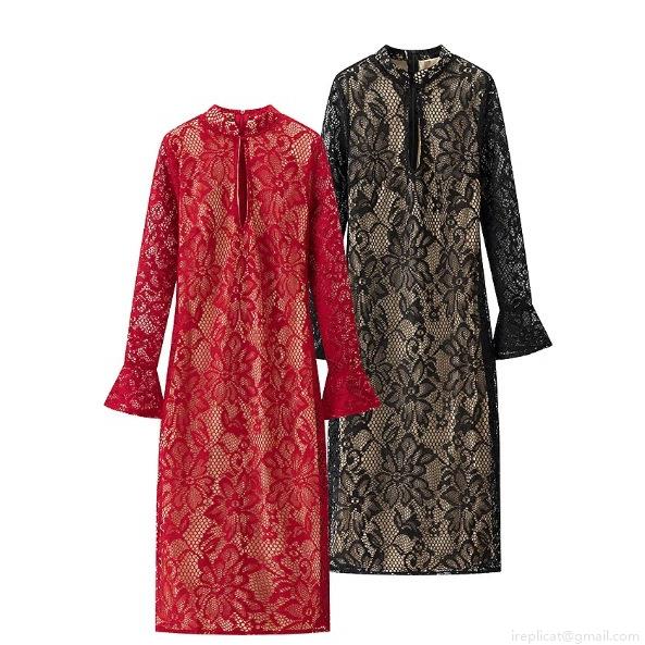 Women's Elegant Lace Hollow Out Maxi Dress With Cheongsam Buckle Collar Sexy Bell Sleeve Bodycon Floral Party Evening Gown Long Sleeve Dress