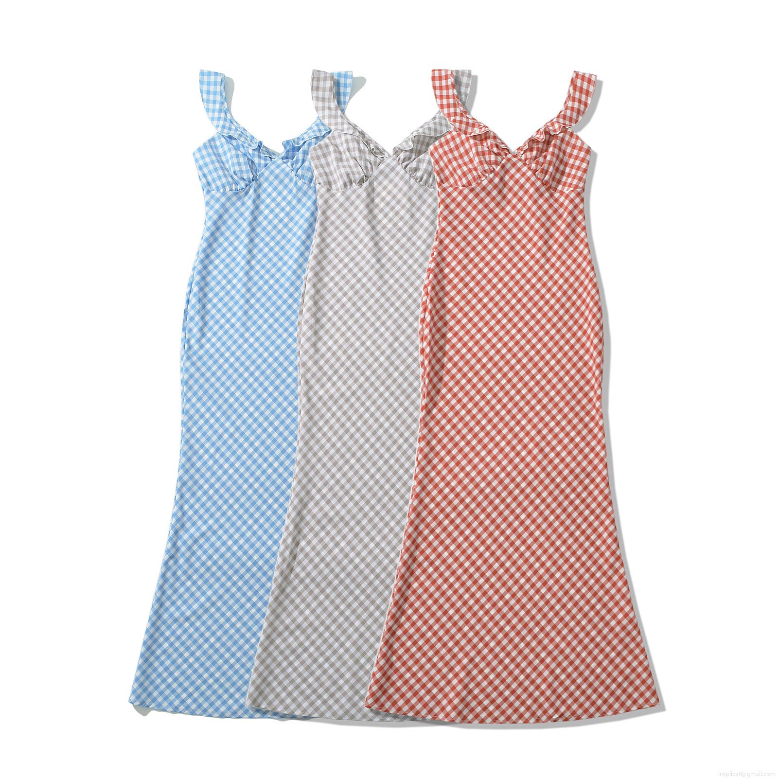 Women's Elegant Gingham Plaid Spaghetti Strap Maxi Dress V-Neck Ruffle Bodycon Fish Tail Long Sundress for Summer Vacation Party Clubwear