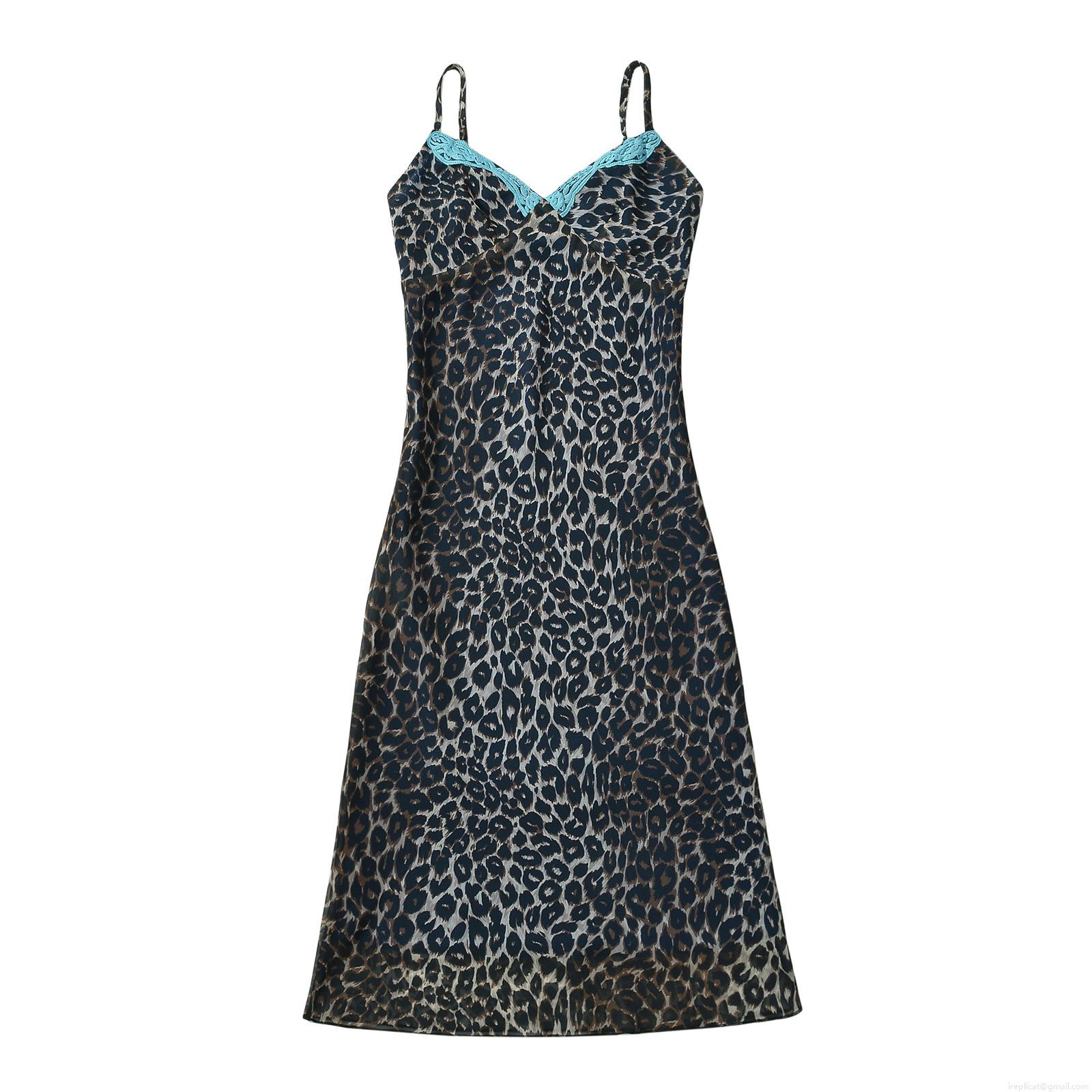 Women Elegant Lace Patchwork Cami Maxi Dress V-Neck Leopard Print Polka Dot Sleeveless Polyester Long Dress For Party Dating Vacation