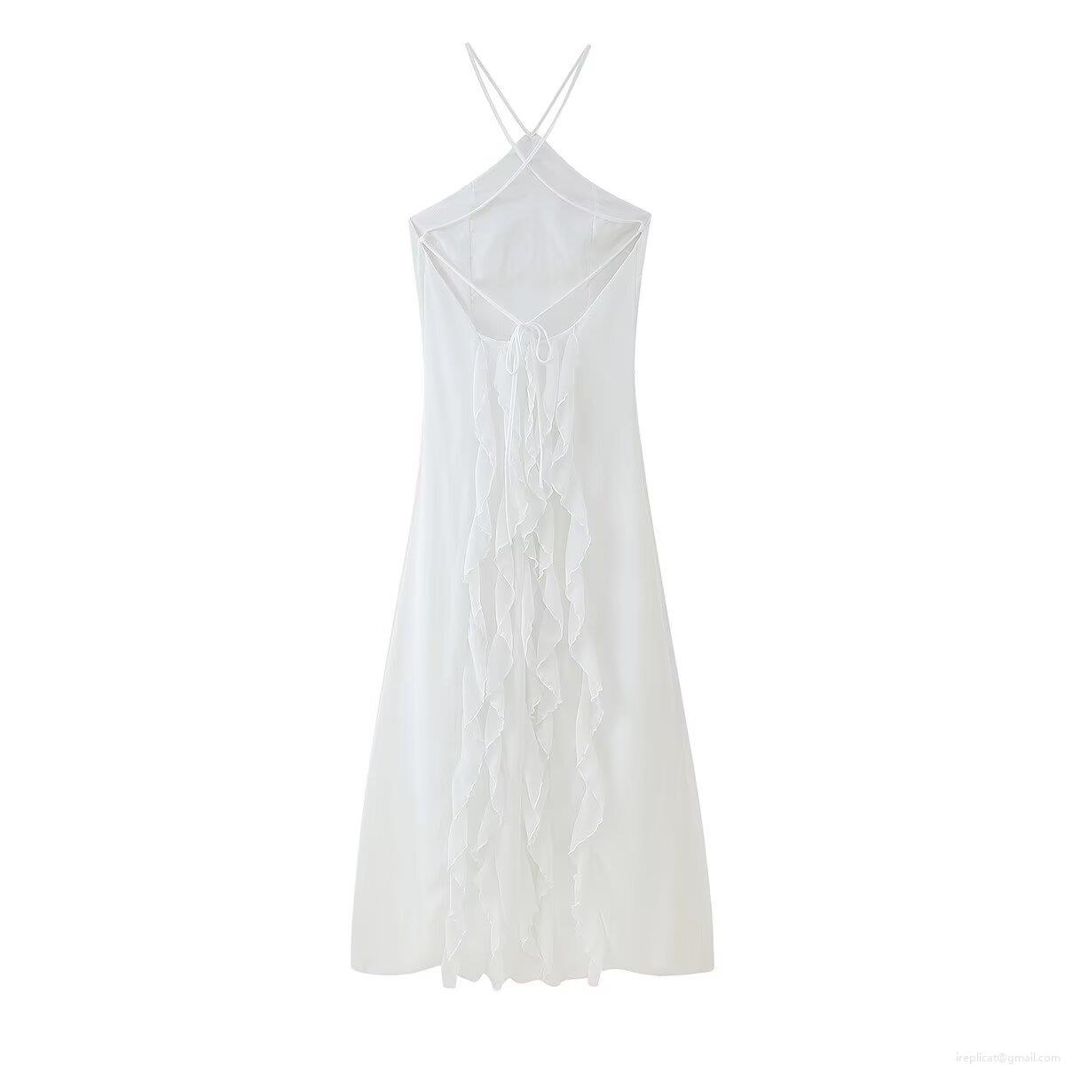 Elegant Halter Neck Ruffle Tie-Back Backless Maxi Dress Sexy Sleeveless White Polyester Long Dress For Women Evening Banquet Party Wedding Guest Dress