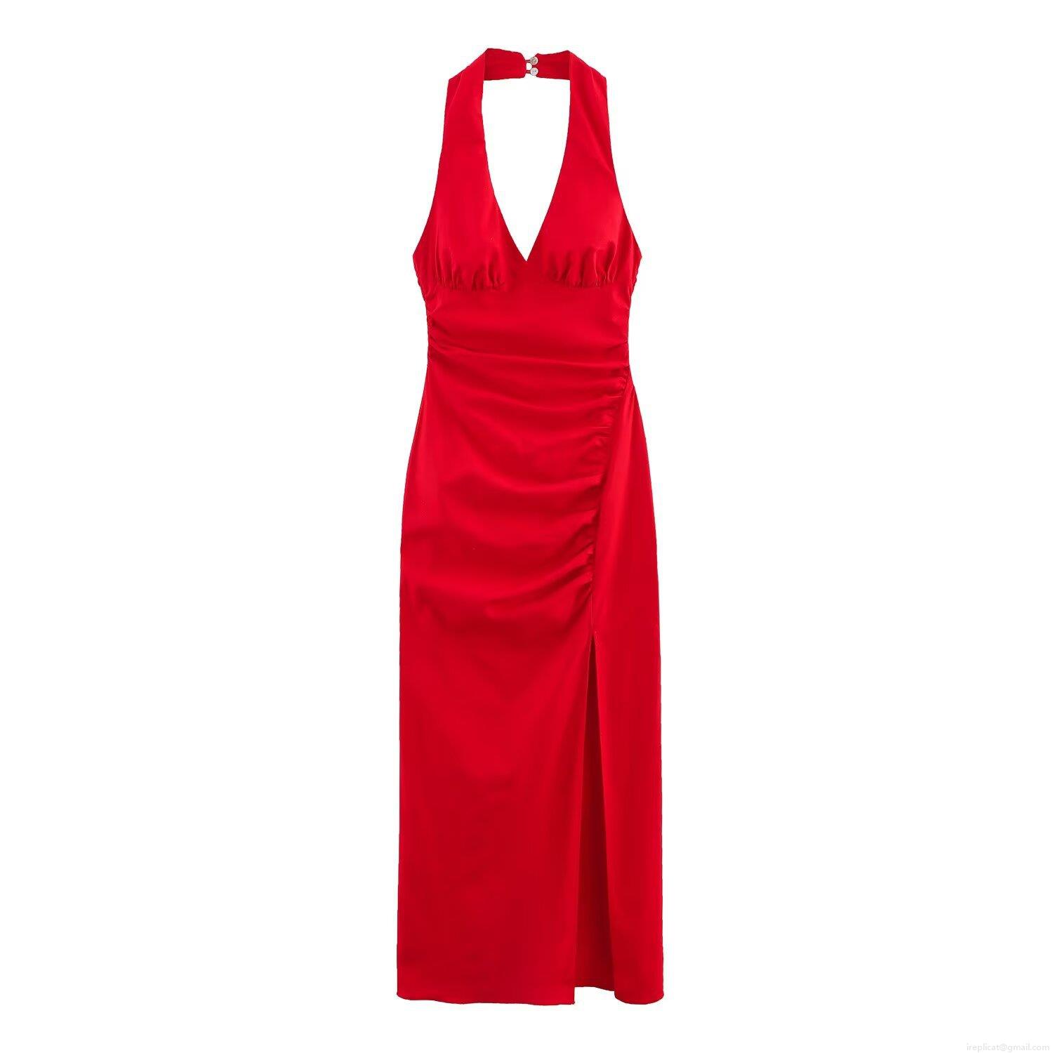 Women's Sexy Halter Deep V Neck Backless Ruched Maxi Dress High Slit Elegant Satin Party Evening Formal Cocktail Slim Fit Long Dress