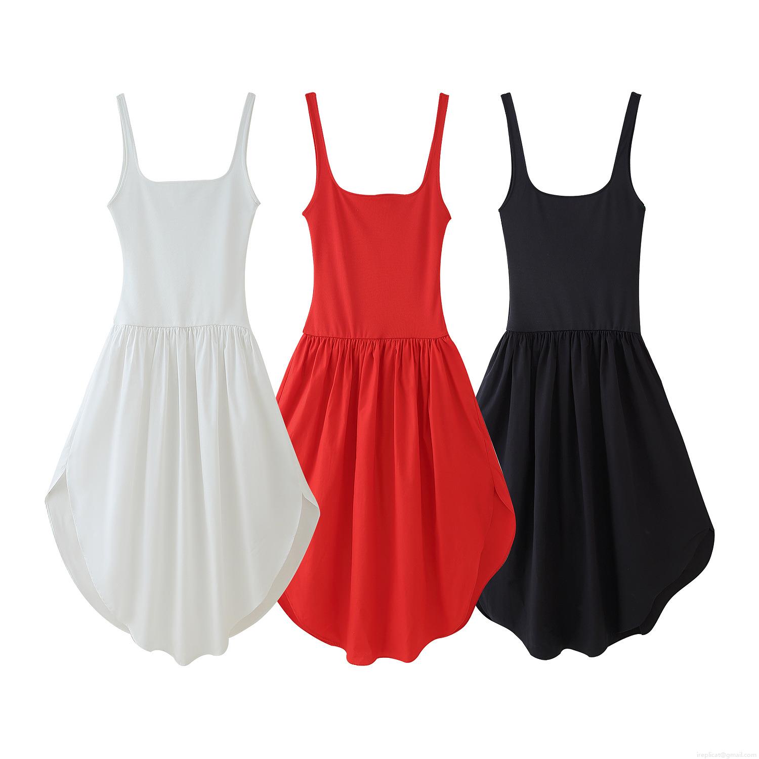 Women's Elegant Polyester Ribbed Knit Patchwork Sleeveless Sling Maxi Dress Sexy U-Neck Pleated Large Hem Long Dress For Party Club Socialite