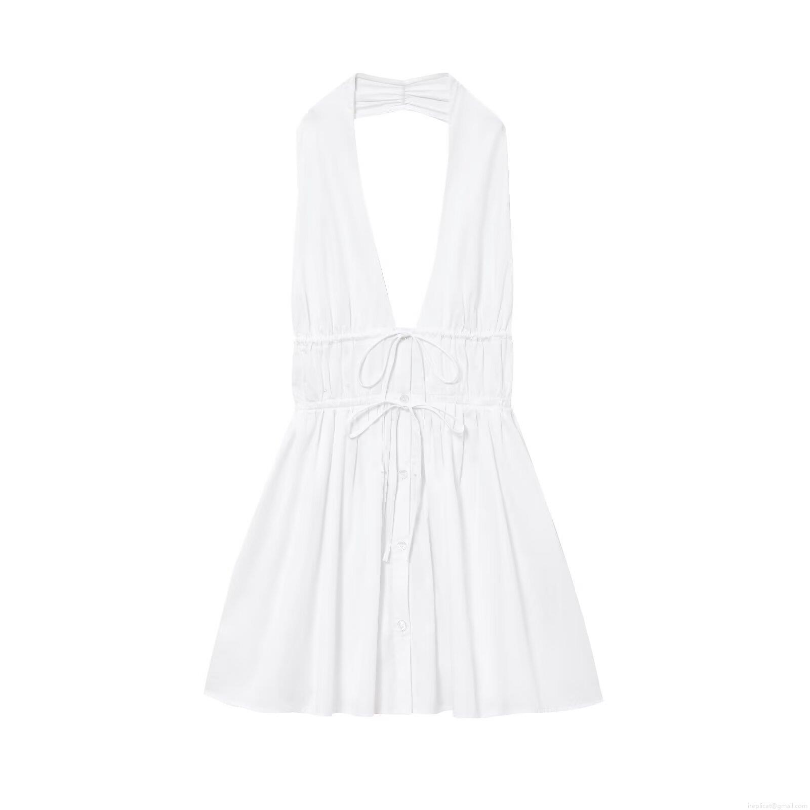 Elegant White Halter Maxi Dress For Women Backless V-Neck Ruched Tie Waist Button Up Sleeveless Polyester Long Dress For Evening Party Wedding Vacation