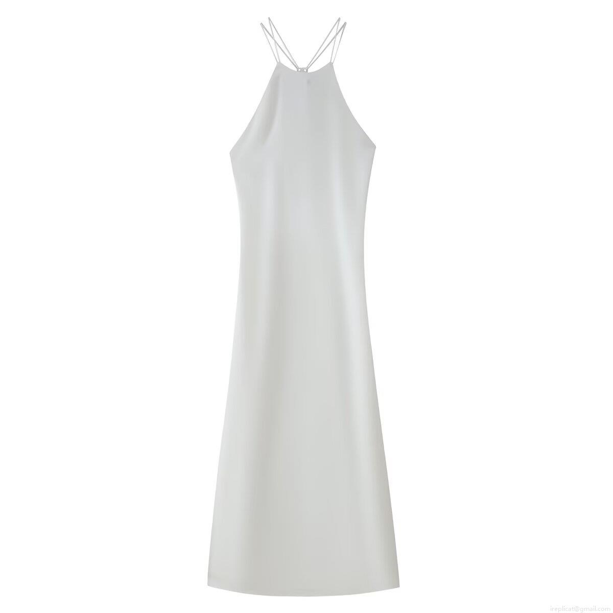 Women Elegant White Backless Satin Maxi Dress Halter Neck Cross Strap Silk Slip Dress For Party Evening Wedding Guest Prom Gown