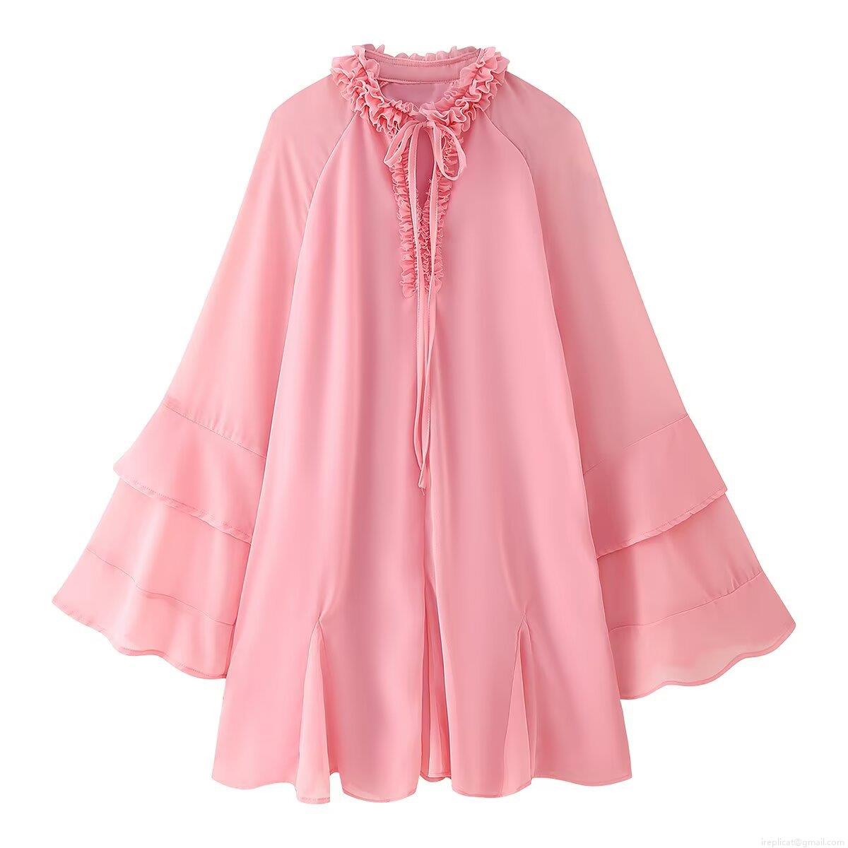 Elegant Solid Color Ruffle Chiffon Maxi Dress For Women With Bow Tie Neck Long Sleeve Tiered Hem 100% Polyester Loose Party Vacation Dress