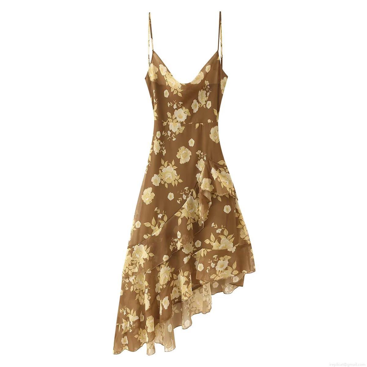 French Vintage Brown Floral V-Neck Cami Dress For Women 100% Polyester Elegant Slim Fit Asymmetric Ruffle Hem Sleeveless Maxi Dress Party Wear