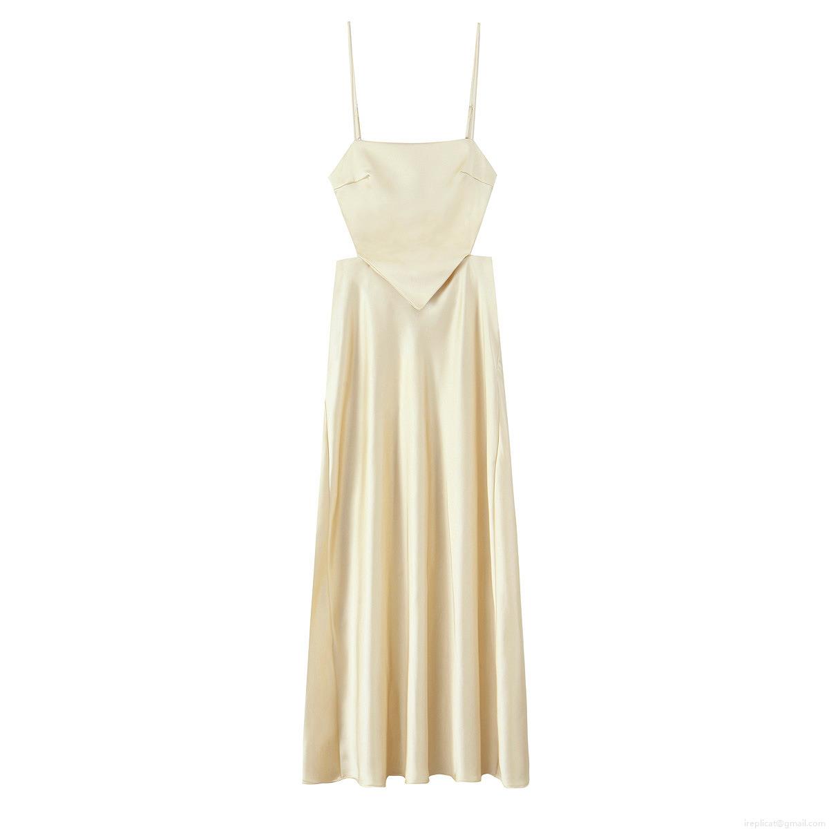 Elegant Women's Champagne Satin Cami Maxi Dress Back Bow Tie Side Cut Out Spaghetti Strap Evening Party Cocktail Long Dress Sleeveless Prom Gown
