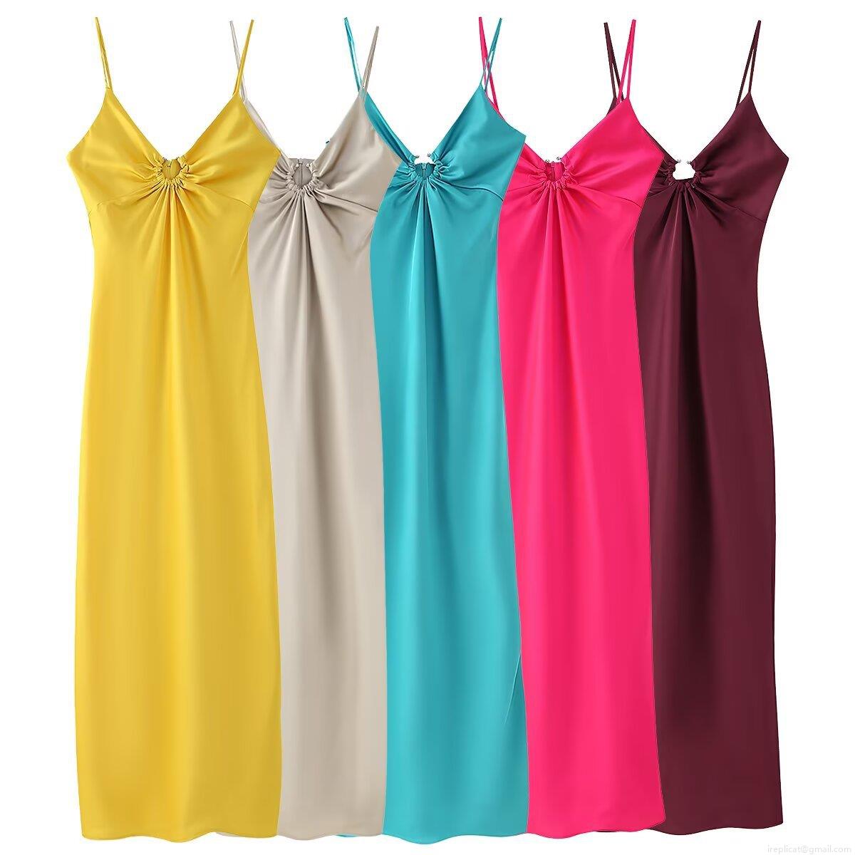 Women's Satin Silk Deep V-Neck Slip Maxi Dress Sexy Backless Ruched Party Evening Wedding Guest Long Dress With Metal Ring Detail