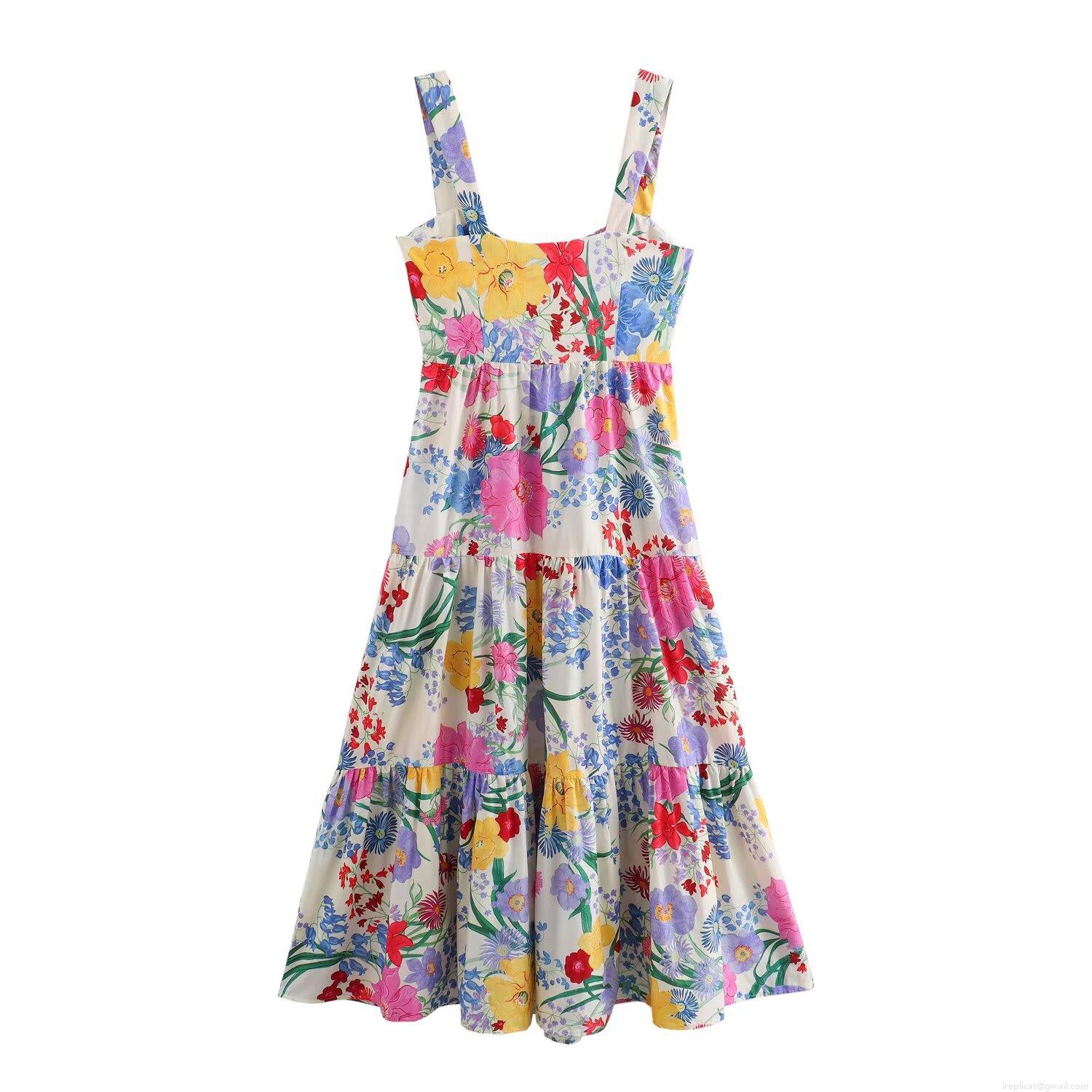 Women's Elegant Floral Print Tiered Sling Maxi Dress Summer Slim Fit Square Neck Bohemian Style Vacation Beach Long Dress Lightweight Breathable Fabric For Ladies