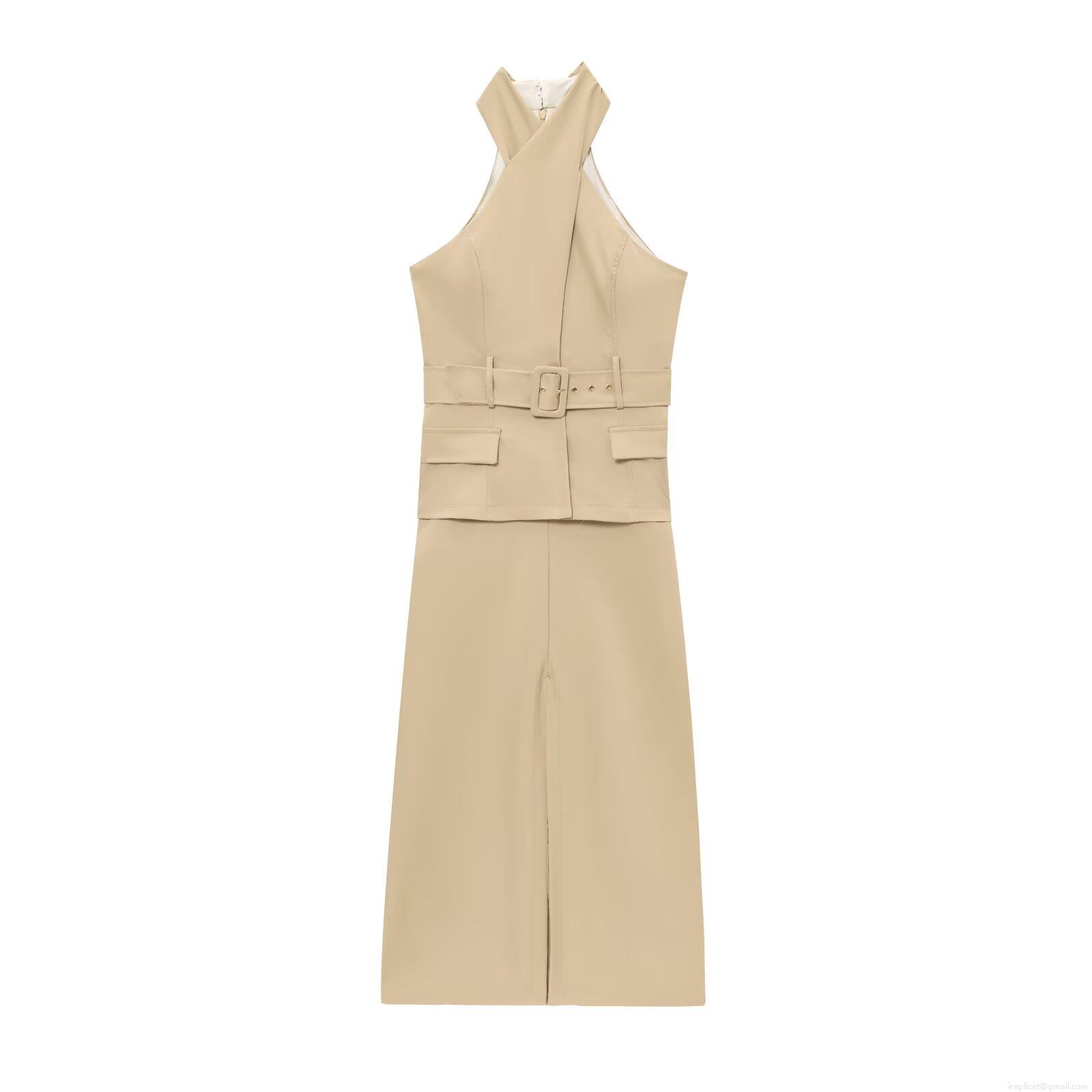 Elegant Halter Neck Cross Design Maxi Dress With Belt Sleeveless Polyester Cotton Solid Color Long Dress For Party Evening Women