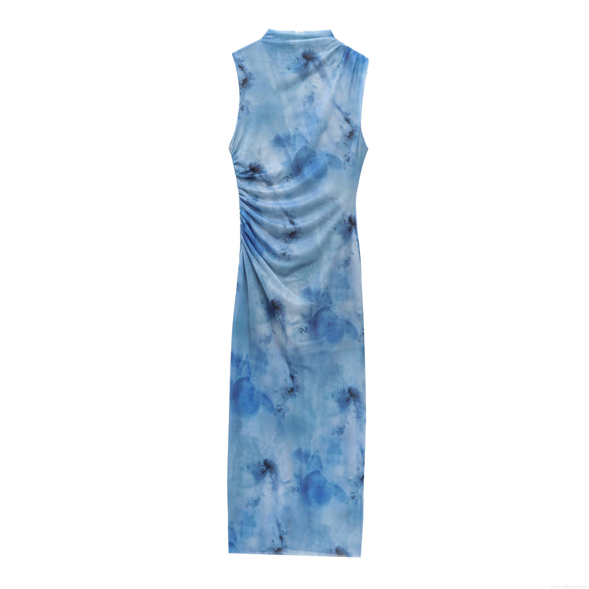 Women's Tie Dye Ruched Sleeveless Maxi Dress Elegant Mesh Bodycon Slim Fit Long Evening Dress For Party Night Club Printed Round Neck Zipper Gown