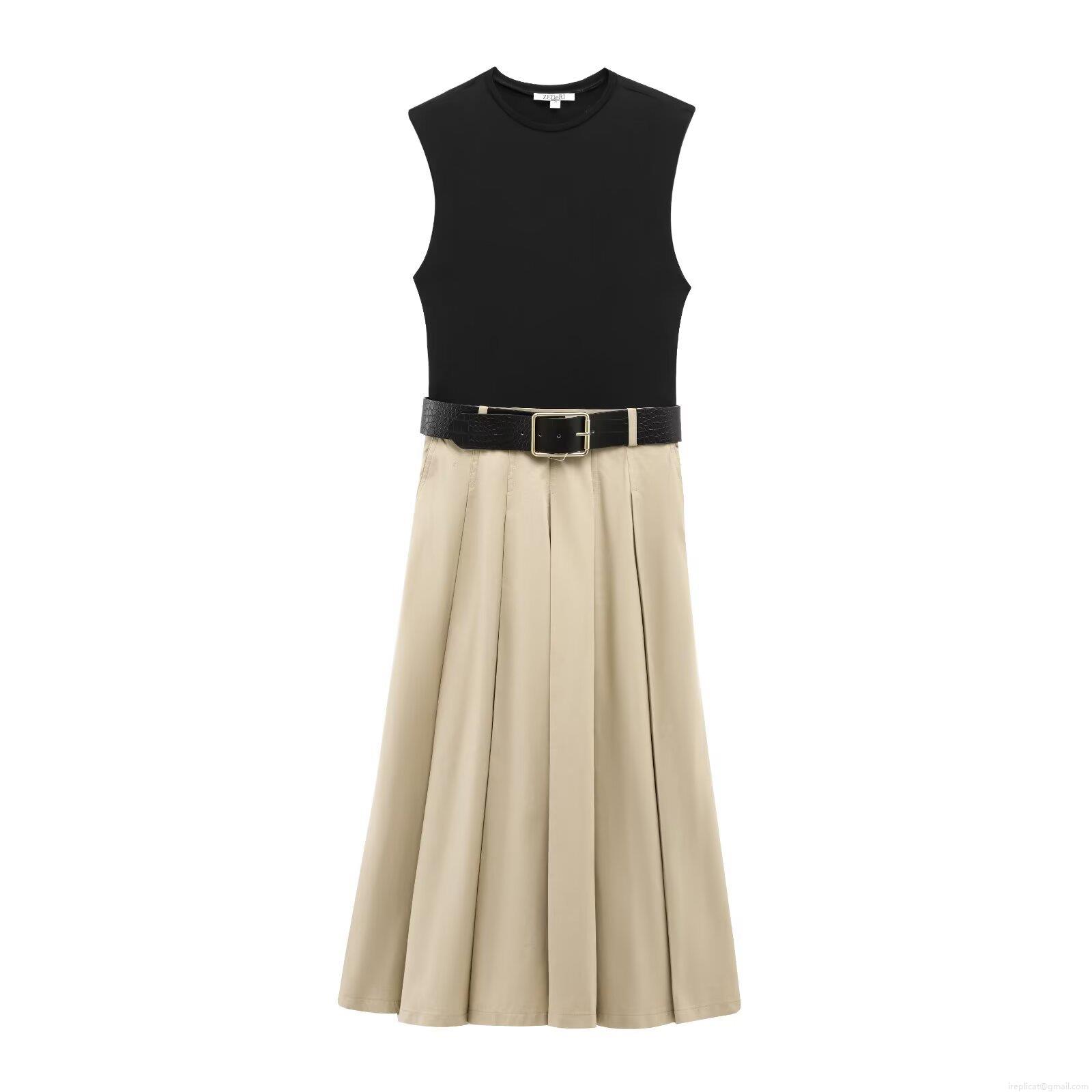 Women's Elegant Patchwork Maxi Dress Polyester Cotton Blend Belted Shoulder Pads Sleeveless Color Block Pleated Dress For Party Evening Lady
