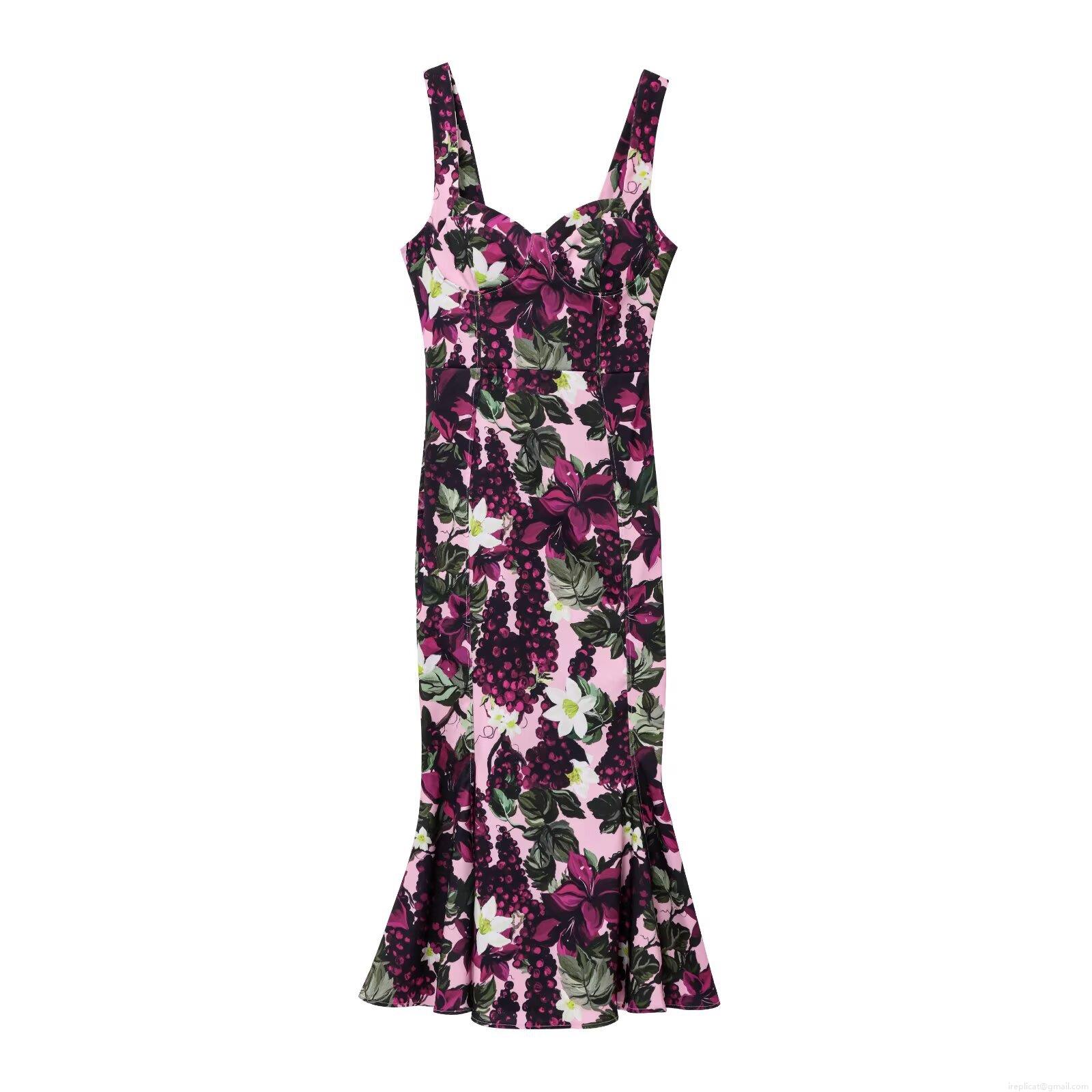 Elegant Women Pink Floral Grape Print Cami Maxi Dress V Neck Sleeveless High Waist Fishtail Hem Long Sun Dress For Vacation Party Summer Spring