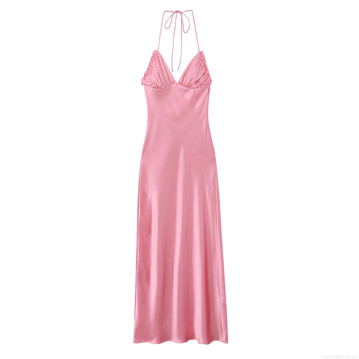 Women Sexy Backless Halter V-Neck Satin Maxi Dress Elegant Ruched Tie Back Solid Color Evening Party Wedding Guest Long Dresses