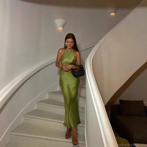 Women's Elegant Backless Halter Satin Maxi Dress Slim Fit Cross Strap Evening Party Long Slip Dress Solid Color Polyester Dress