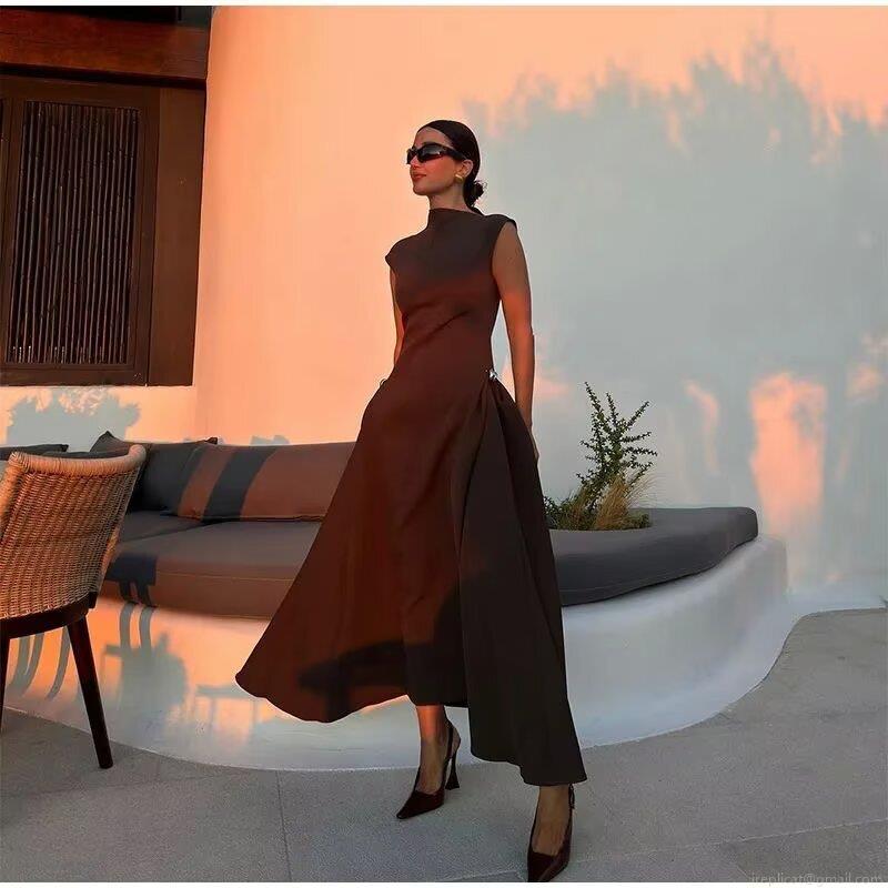Women's Sleeveless Mock Neck Maxi Dress Polyester Solid Color Slim Fit A-Line Big Swing Long Dress Elegant Evening Party Lady Summer Dresses