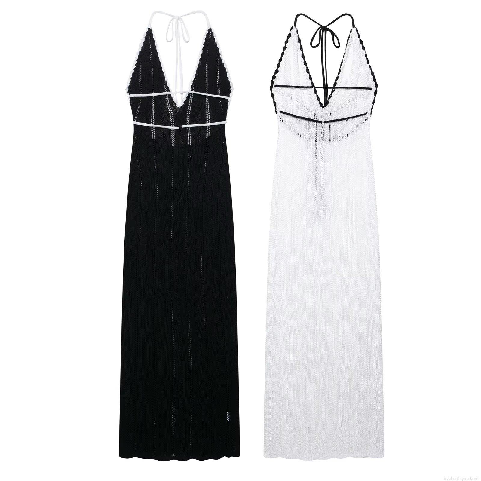 Women Sexy Backless Crochet Knit Maxi Dress Deep V Neck Halter Contrast Color Bandage Long Dress For Summer Party Beach Vacation Elegant Lady Clothing
