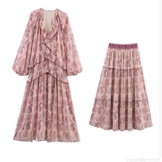 Women's Elegant Paisley Print Chiffon Maxi Dress V-Neck Ruffle Tiered Long Sleeve Vintage Pullover Party Dress And Tiered Cake Skirt